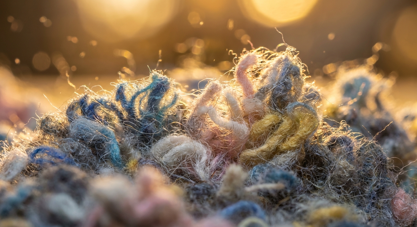 Detailed close-up of the lint collection showing intricate fiber textures in golden light